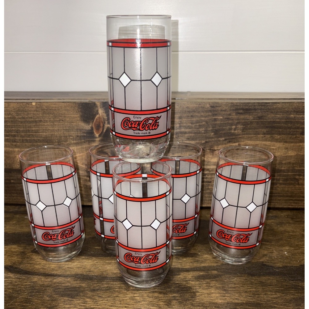 Coca-Cola Stained Glass Frosted Libbey Drinking Glasses Tiffany Style Lot of 6